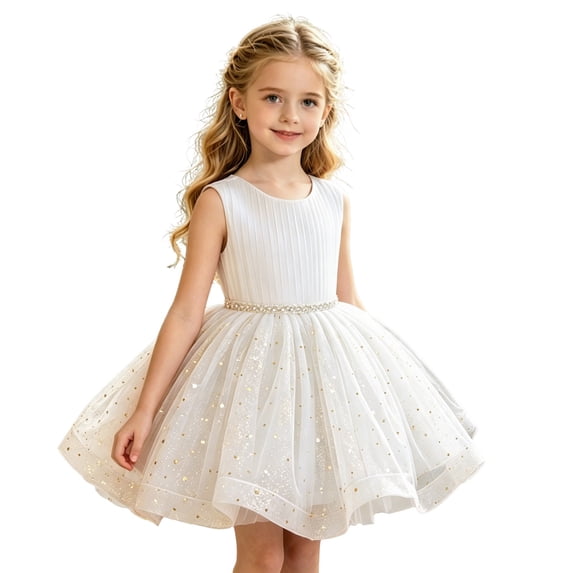 Kiijoy Infant Girls Sequin Formal Dress Sleeveless Tulle Tutu Party Princess Dress, White