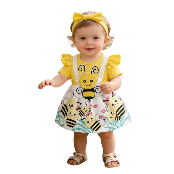 Kiijoy Infant Girls Short Sleeve Cartoon Bee Dress Cotton Party Princess Dress, Sizes 6-12 Months