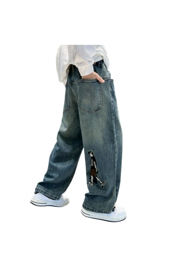 Jeans for Boys Figure Graphic Straight Leg Denim Pants Loose Trousers, Sizes 3-4
