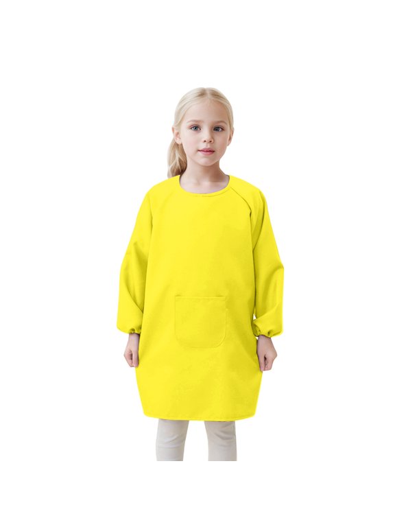 Kids Art Smock with Pocket for Children Long Sleeve Artist Painting Apron, Yellow
