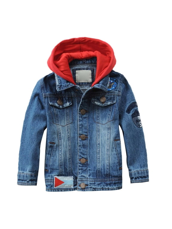 Kids Boys Denim Jacket Casual Long Sleeve Coat with Detachable Hood, Sizes 2-14