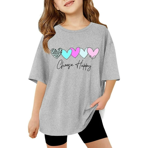 Kiijoy Kids Girls Short Sleeve T Shirt Hearts Letter Print Casual Loose T-Shirt, Sizes 3-14
