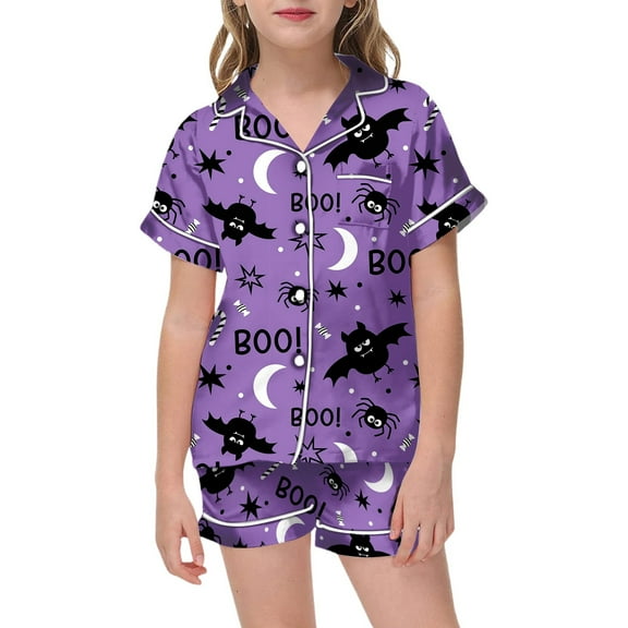 Kiijoy Kids Halloween Pajamas Button Down Short Sleeve Shirt Shorts Nightwear, Sizes 4-5T