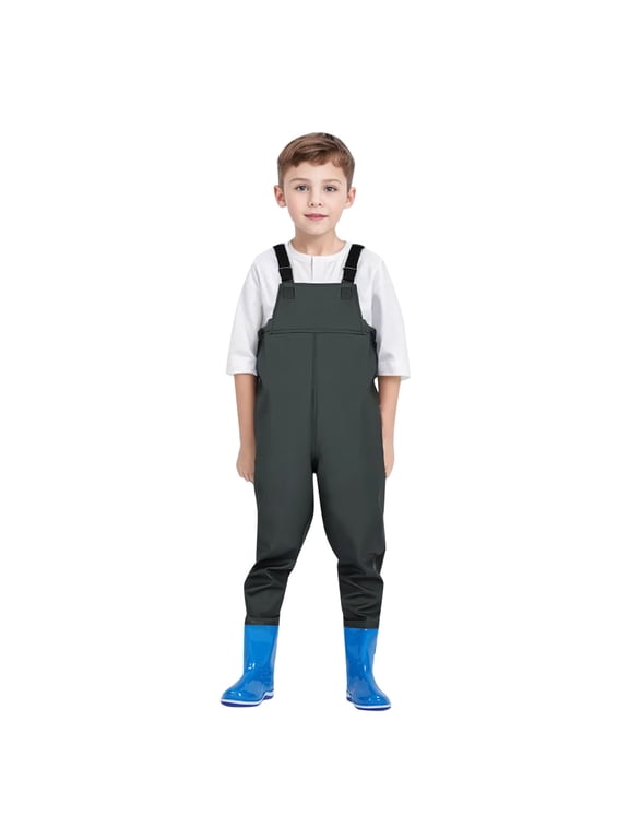 Kids Rain Overalls Boy Girl Rain Pants Waterproof Mud Jumpsuit Waders with Boots, Sizes 2-15