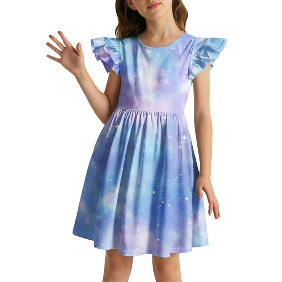 Kiijoy Kids Toddler Girls Galaxy Print Flutter Sleeve Dress Summer Casual Short Dress, Sizes 3-10