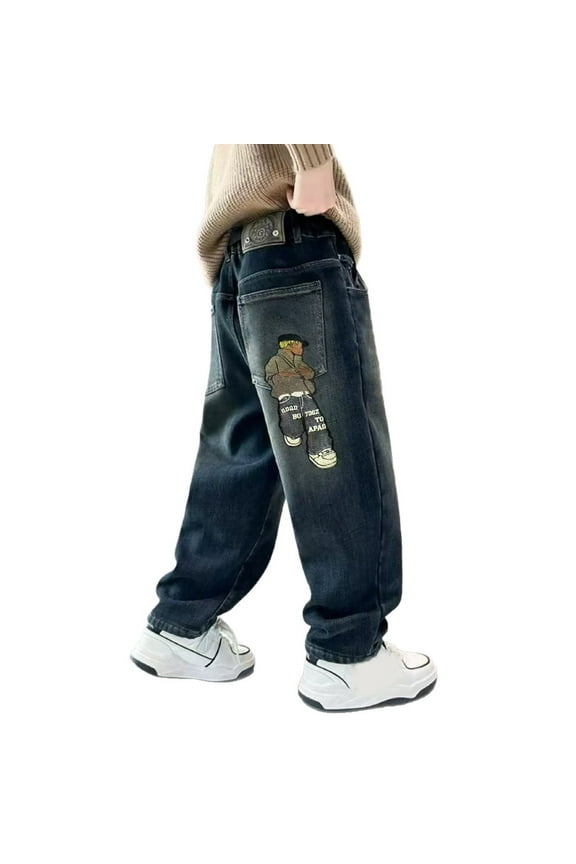 Little Boys Baggy Jeans Cartoon Graphic Straight Leg Denim Pants, Sizes 5-6