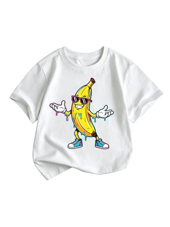 Little Boys Funny Banana Graphic Tee Short Sleeve Crew Neck T-Shirt,White,Sizes 6-7