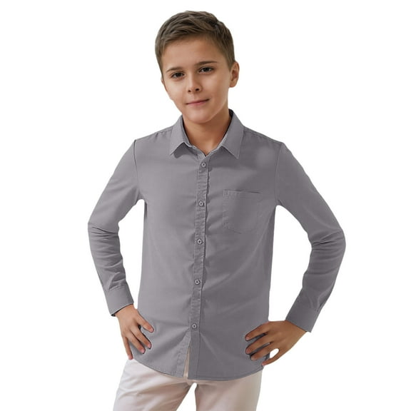 Kiijoy Little Boys Long Sleeve Button-Down Shirt Solid Color Casual Lapel Shirt, Grey