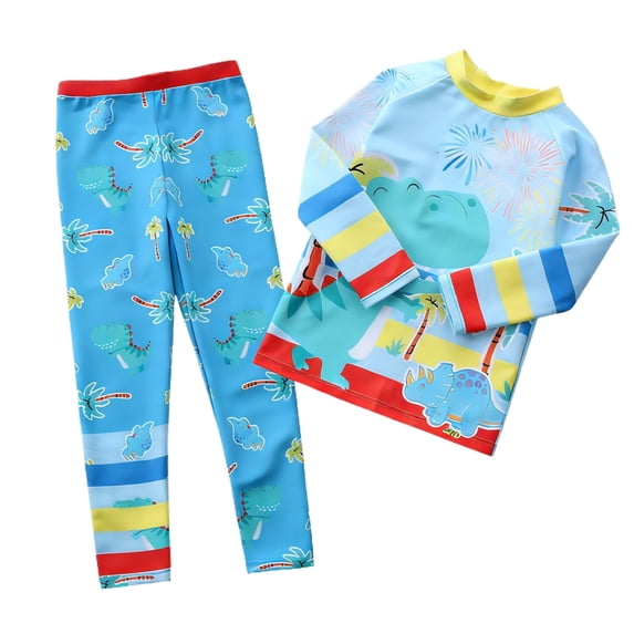 Kiijoy Little Boys Long Sleeve Rash Guard Set with Swim Pants Cartoon Dinosaur Swimsuits