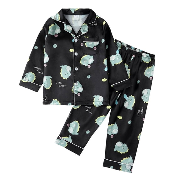 Kiijoy Little Boys Silk Satin Long Sleeve Outfit Button Down Top Pants Sleep Set, Sizes 3-14