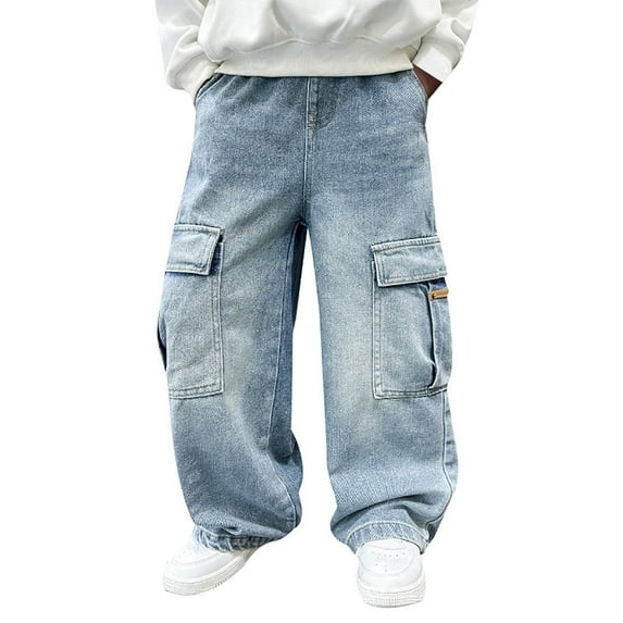 Kiijoy Little Boys Straight Leg Cargo Jeans Loose Denim Pants with Pockets, Sizes 5-6