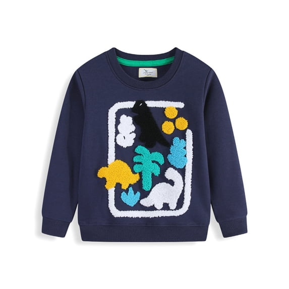 Kiijoy Little Boys Sweatshirt Dinosaur Embroidery Crewneck Pullover, Navy, Sizes 5-6Y