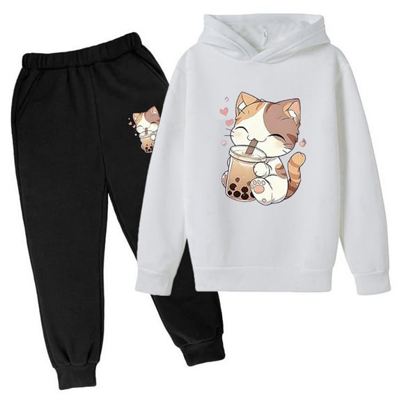 Kiijoy Little Girls 2 Piece Cartoon Cat Print Hoodie and Sweatpants Outfits, Sizes 5-6