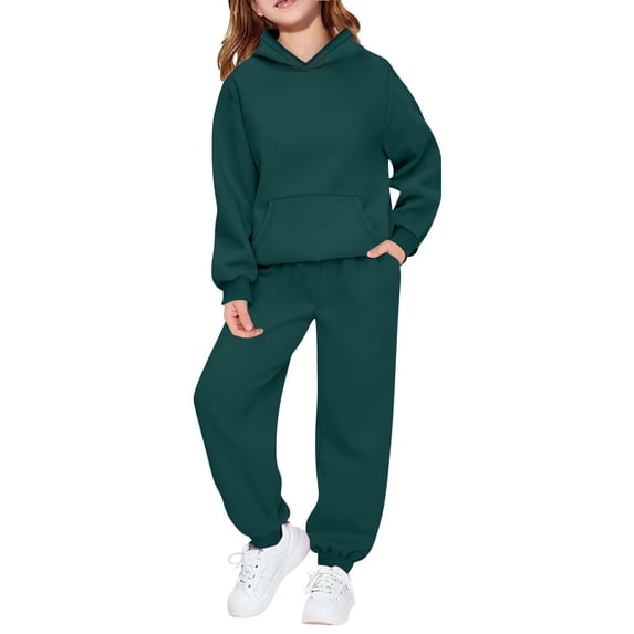 Kiijoy Little Girls Athletic Outfits Solid Casual Hoodie and Sweatpants Set, Sizes 4-16