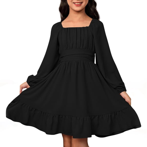 Kiijoy Little Girls Backless Long Sleeve Dress Solid Square Neck Ruffle Dress, Sizes 6-15