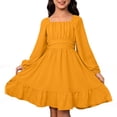 thumbnail image 1 of Kiijoy Little Girls Backless Long Sleeve Dress Solid Square Neck Ruffle Dress, Sizes 6-15, 1 of 4