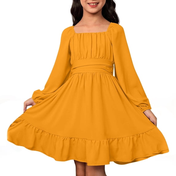Kiijoy Little Girls Backless Long Sleeve Dress Solid Square Neck Ruffle Dress, Sizes 6-15