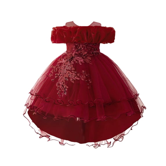 Kiijoy Little Girls Birthday Party Dress Floral Embroidery Ruffles Pageant Gown, Red