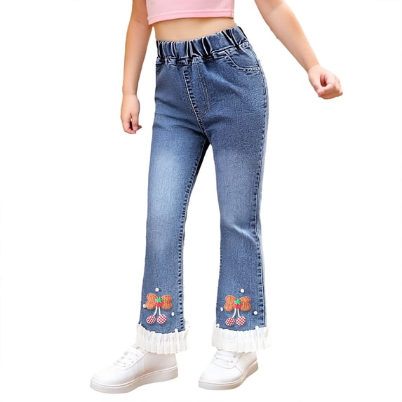 Kiijoy Little Girls Bow Flared Denim Pants Casual High Rise Pull On Jeans, Sizes 5-6