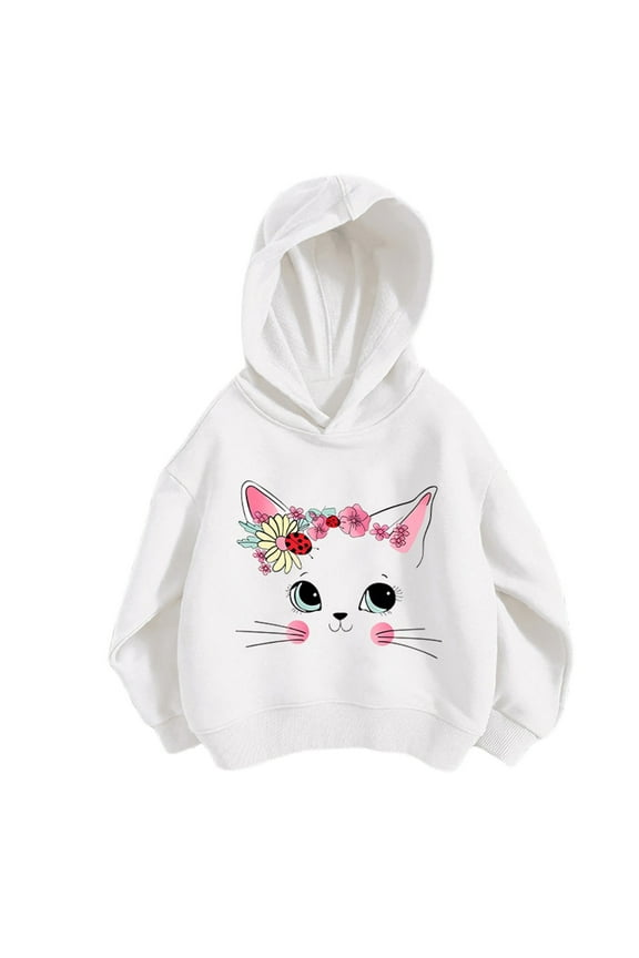 Little Girls Casual Hoodie Cartoon Cat Print Active Hooded Sweatshirt, Sizes 5-6