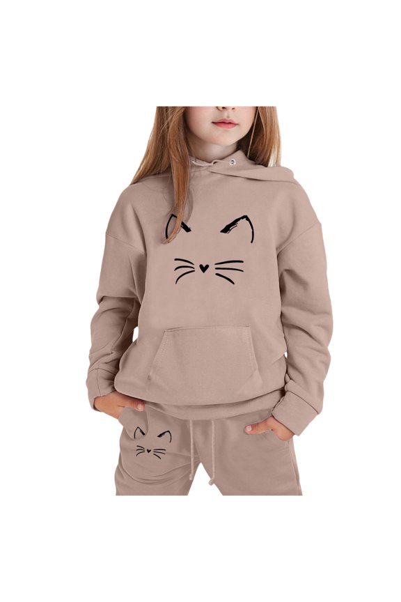 Little Girls Cartoon Cat Print Hoodie Sweatpants Outfits Sweatsuits, Sizes 6-7