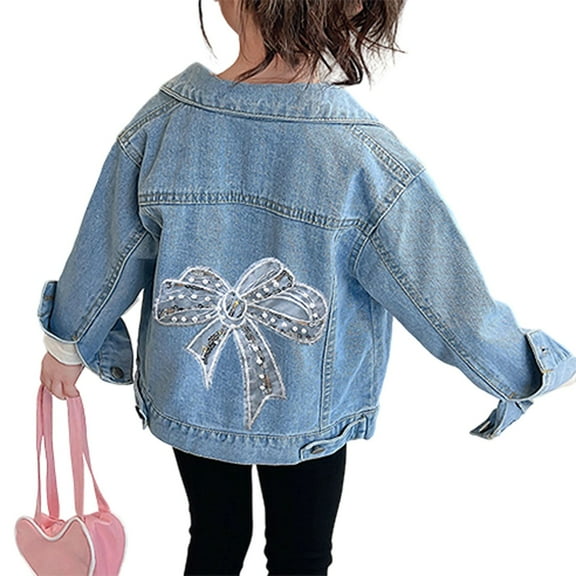 Kiijoy Little Girls Casual Denim Jacket Bow Print Loose Fit Outerwear Coat, Sizes 5-6