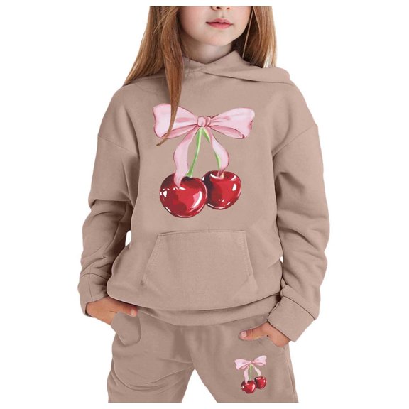 Kiijoy Little Girls Casual Outfits Cherry Print Hoodie and Jogger Pants Set, Sizes 6-7
