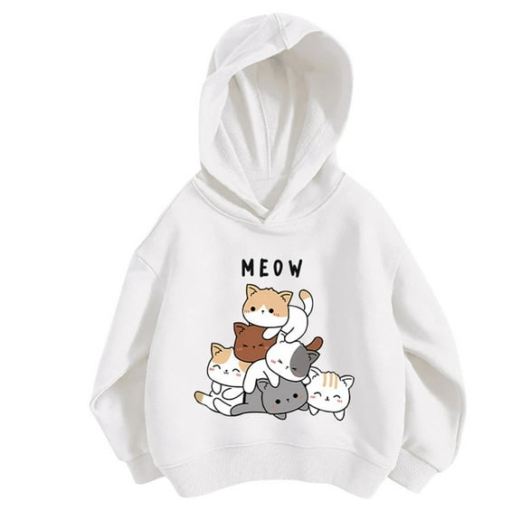 Kiijoy Little Girls Casual Sports Hoodie Cartoon Cat Print Hooded Sweatshirt, Sizes 5-6