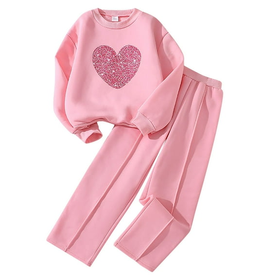 Kiijoy Little Girls Casual Sweatsuit Heart Print Sweatshirt Sweatpants Set, Sizes 5-6