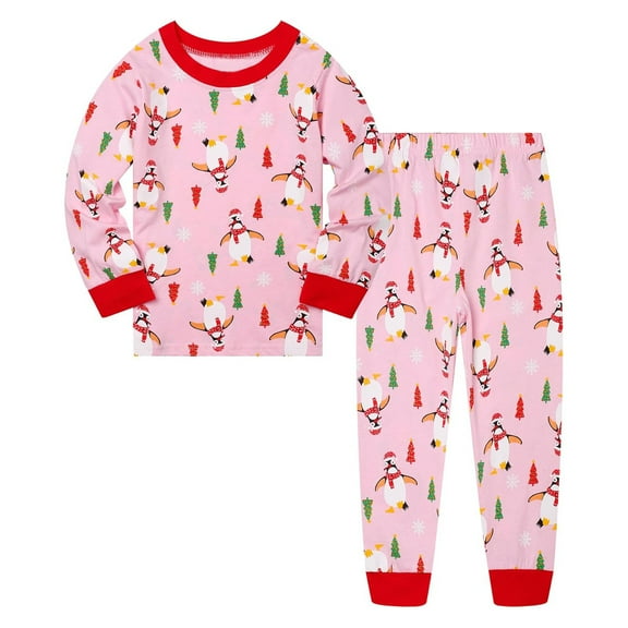 Kiijoy Little Girls Christmas Pajamas Penguin Print Long Sleeve Top Pants Sleepwear Set
