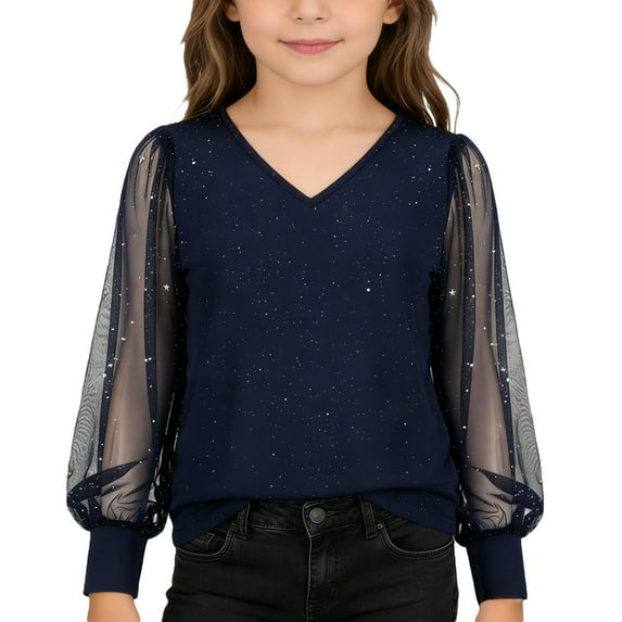 Kiijoy Little Girls Contrast Mesh Long Sleeve T-Shirt Party V Neck Blouse Top, Sizes 5-6