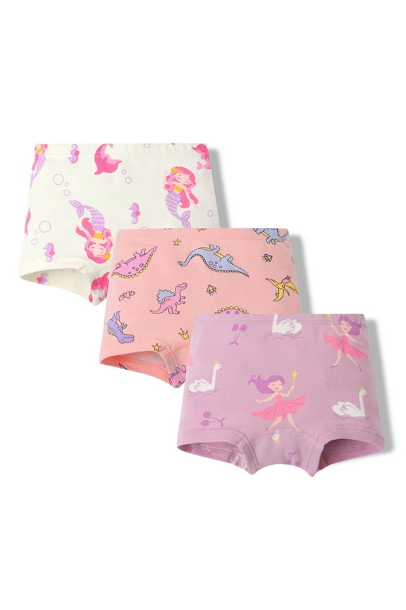 Little Girls Cotton Boxer Briefs Cartoon Print Underwear Boyshorts, 3 Pack, Sizes 6-7