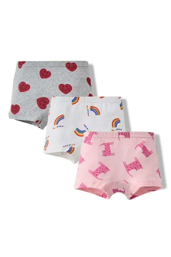 Little Girls Cotton Underwear Boyshorts Cartoon Print Panties, 3-Pack, Sizes 6-7