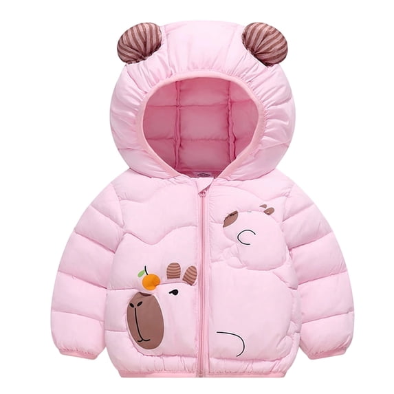 Kiijoy Little Girls Cute Capybara Down Coat Lightweight Winter Hooded Jacket, Sizes 6-7