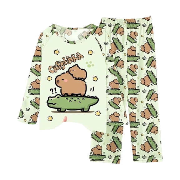 Kiijoy Little Girls Cute Capybara Long Sleeve Top Pants Pajamas Sleepwear Set, Sizes 5-6