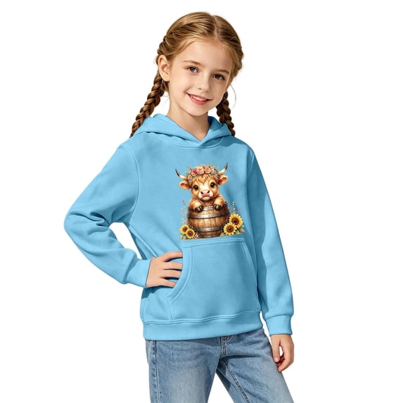 Kiijoy Little Girls Cute Cow Hoodie Casual Graphic Long Sleeve Pullover Sweatshirt