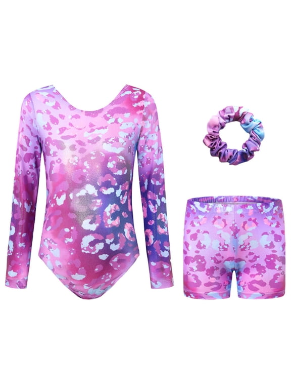 Little Girls Dance Gymnastics Stage Outfits Long Sleeve Leotard Shorts 2Pcs Set, Sizes 4-16
