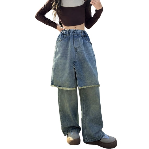 Kiijoy Little Girls Distressed Skirt Jeans Straight Leg Elastic Waist Denim Pants, Sizes 5-6