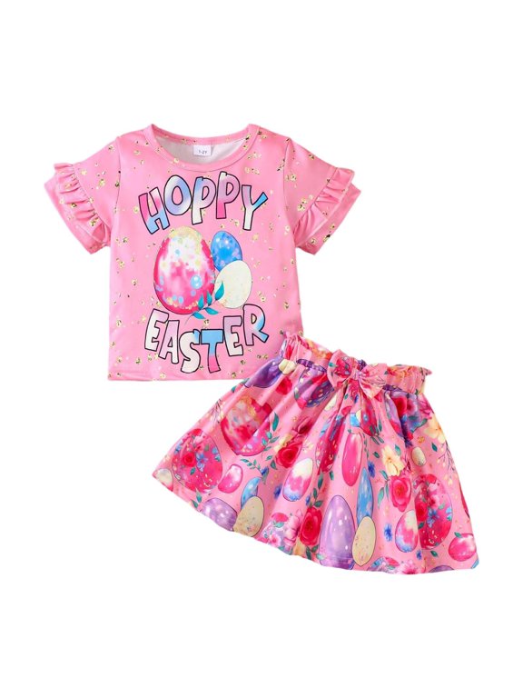 Little Girls Easter Outfits Cute Ruffle Short Sleeve T-Shirt Skirt Set, Sizes 5-6