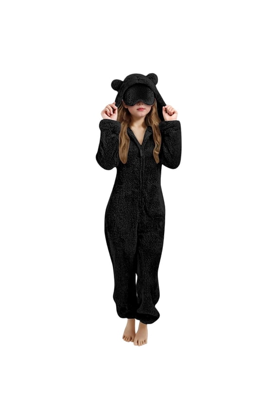 Little Girls Fuzzy Hooded Onesie One-Piece Union Suit Pajama Jumpsuit, Sizes 5-6