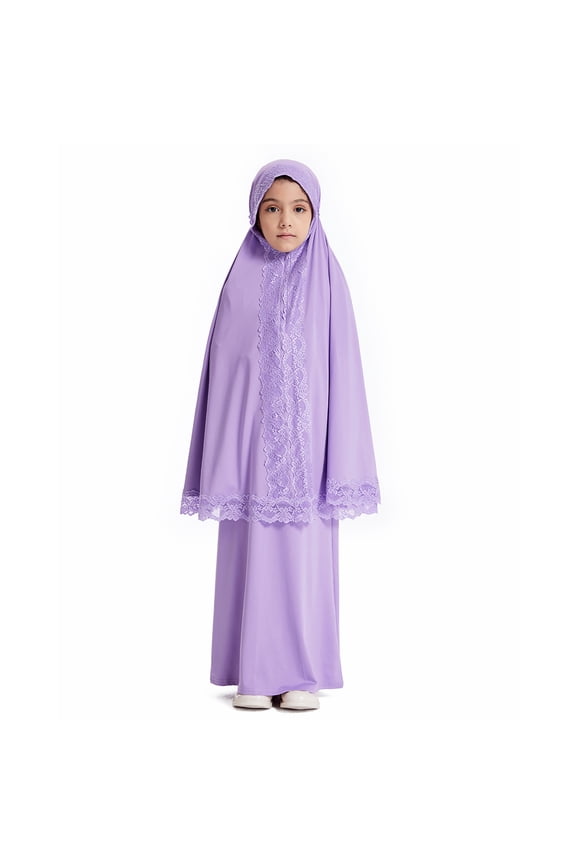 Little Girls Full Hijab Outfits Kids Abaya Solid Lace Robe Burka Set, Sizes 6-7