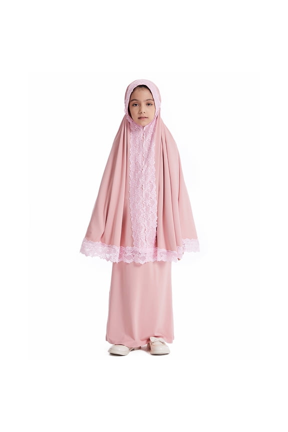Little Girls Full Hijab Outfits Kids Abaya Solid Lace Robe Burka Set, Sizes 6-7
