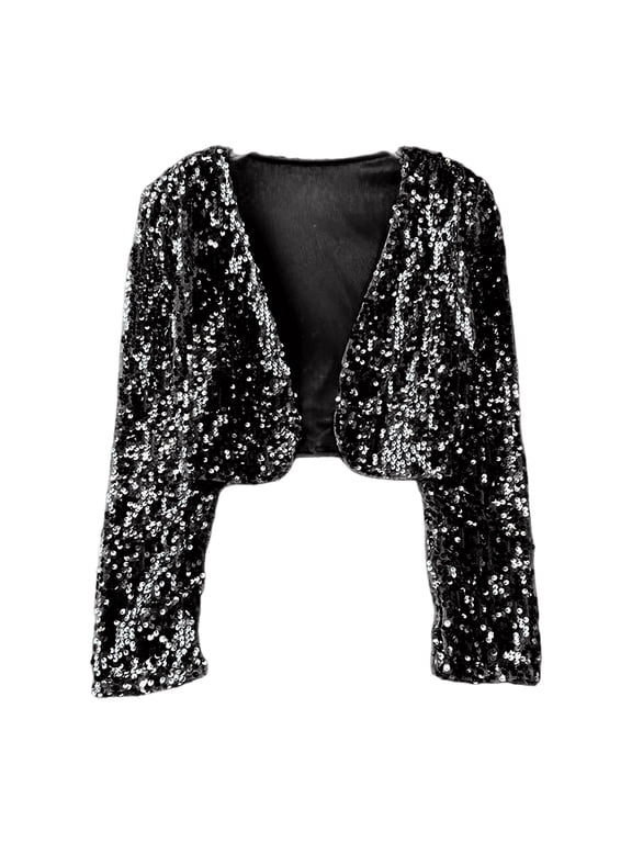 Little Girls Glitter Sequin Jacket Open Front Long Sleeve Cropped Jacket Outerwear
