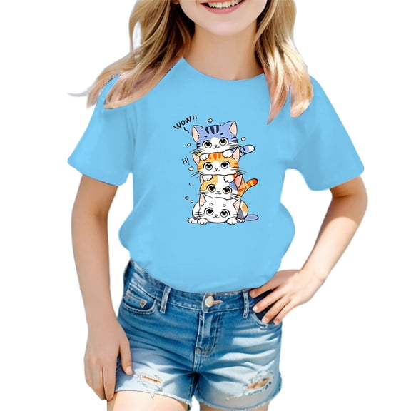 Kiijoy Little Girls Graphic Tee Cute Cat Print Short Sleeve T Shirt Cotton Casual T-Shirt