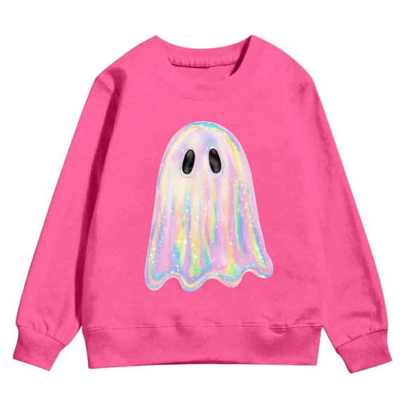 Kiijoy Little Girls Halloween Sweatshirt Cartoon Ghost Print Cute Pullover, Sizes 5-6