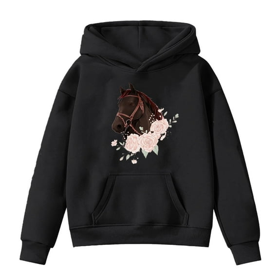 Kiijoy Little Girls Horse Print Hoodie Relaxed Fit Hooded Sweatshirt, Sizes 6-7