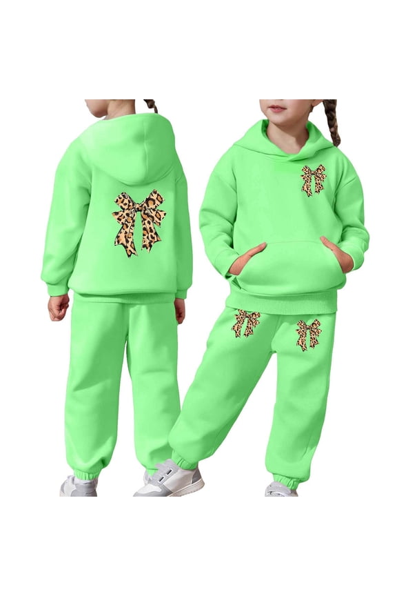 Little Girls Leopard Bow Hoodie Sweatpants Outfits Tracksuit, Sizes 6-7