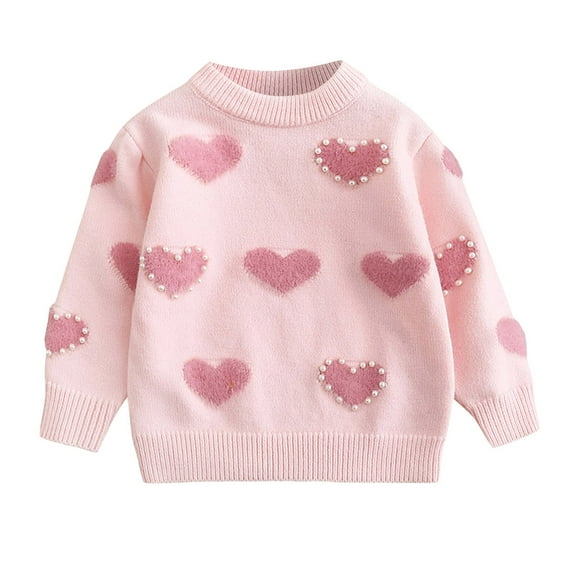 Kiijoy Little Girls Long Sleeve Pearls Sweater Hearts Print Soft Pullover Top, Sizes 5-6