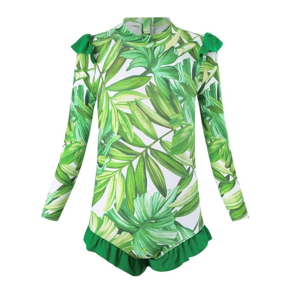 Kiijoy Little Girls Long Sleeve Zip-Up Rash Guard Tropical Ruffle One-Piece Swimsuit