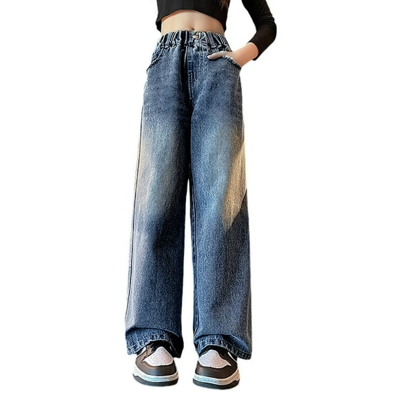 Kiijoy Little Girls Loose Fit Straight Leg Jeans Casual Pull On Denim Pants, Sizes 6-7